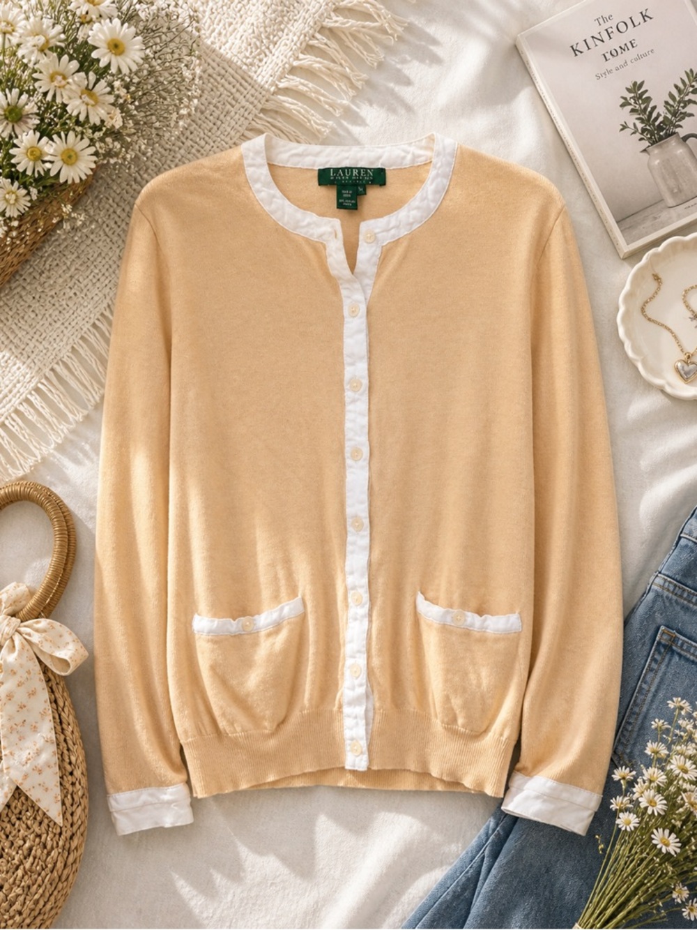 Lauren Ralph Lauren Beige Cotton Cardigan Button Front Lightweight Sweater M